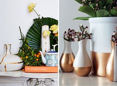 there are three different vases with flowers in them and one is on a shelf