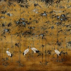 three cranes are standing in front of bamboo trees