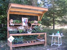 an outdoor garden stand with potted plants on top and shelves full of seeding supplies