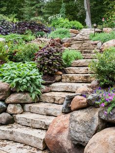 a garden with large rocks and plants growing on it's sides, along with flowers in the foreground