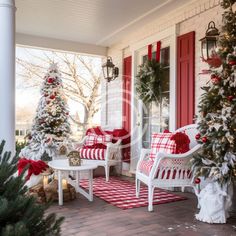 the porch is decorated for christmas with red and white decorations, trees, and presents