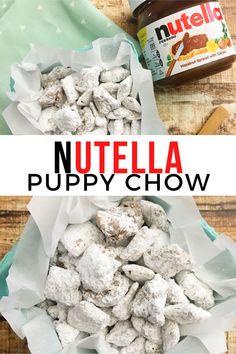 nutella puppy chow is shown in two different pictures with the words nutella puppy chow below it