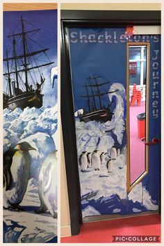 two pictures of penguins in front of a pirate ship painted on the door to a classroom