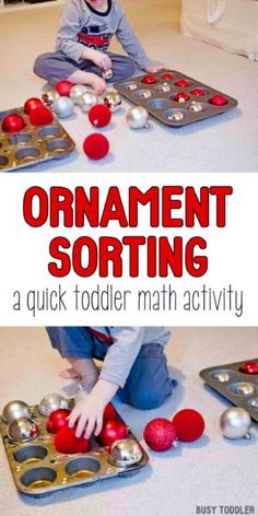 a toddler playing with an ornament sorting activity for christmas and new year's eve