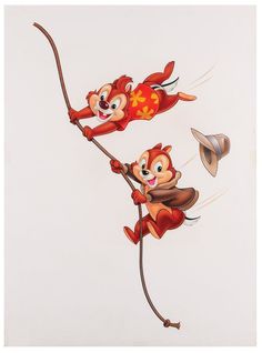 an image of two cartoon animals playing with each other on the same pole as another animal