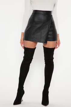 Maddie Coated Skort - Black | Fashion Nova, Skirts | Fashion Nova High Waist Black Mini Skirt For Winter, Black Mini Shorts For Fall, Black Over-the-knee Bottoms For Party, Stretch Above Knee Bottoms For Night Out, Black High Waist Skort For Fall, Black High-waisted Skort For Fall, Stretch Mini Skirt For Winter, Black Over-the-knee Party Bottoms, Stretch Winter Skort In Short Length