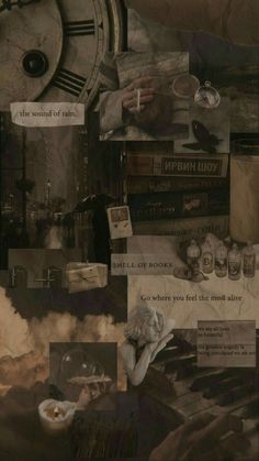 a collage of photos with an old clock in the background and words on it