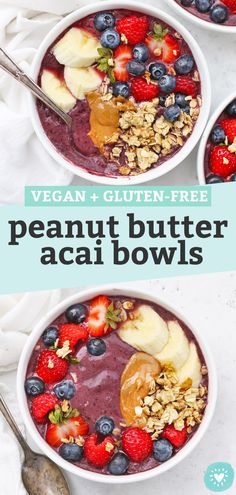 two bowls filled with fruit and granola on top of a white countertop next to a spoon