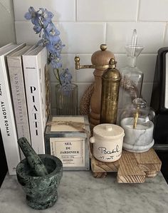 some books and other items on a counter