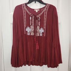 New With Tags Miami Boho Cardigan Size: L Color: Burgundy Beautiful And Light Weight Goes Great With Anything Never Been Worn Red Embroidered Long Sleeve Top For Fall, Casual Long Sleeve Embroidered Top For Fall, Red Embroidered Long Sleeve Cardigan, Red Long Sleeve Cotton Embroidered Top, Embroidered Long Sleeve Red Top, Red Embroidered Long Sleeve Tops, Bohemian Burgundy Tops For Spring, Bohemian Burgundy Top For Spring, Fall Embroidered Red Blouse