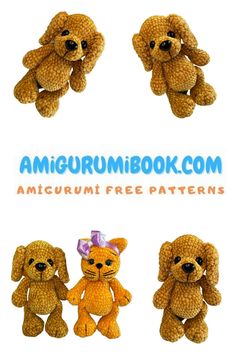 four stuffed animals are shown in three different positions and the text amigurm book com is above them