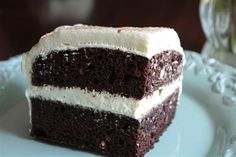 a slice of chocolate cake with white frosting