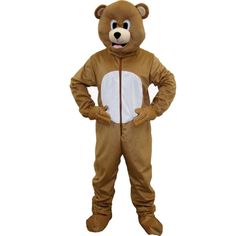 a man in a brown bear costume standing with his hands on his hips and looking at the camera