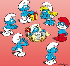 the smurfs are gathered together in a circle to celebrate their birthday with gifts