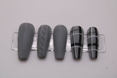 Made with APRES GEL-X Nail Tips. NO plastic!! With proper prep- nails can last one to two weeks with glue, and 24-48 hours with nail tabs. Can be used multiple times with proper care! All nails are designed and hand painted with high quality gel polish and products. Shapes shown are for demonstration purposes only, you can choose your desired shape before purchasing! Longer Nails MAY cost more due to more products being used.  Nails come in Natural or Sculpted: * Natural has a flatter surface wi Sweater And Plaid Nails, Sweater Nails Black, Plaid And Sweater Nails, Gray Plaid Nails, Grey Plaid Nails, Black And White Plaid Nails, Plaid Acrylic Nails, Black Plaid Nails, Gray Nails With Design