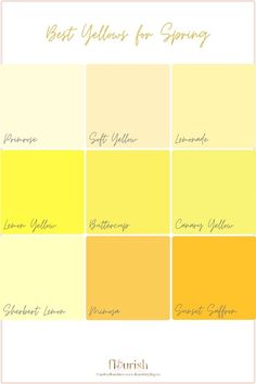 the best yellows for spring color palette with text overlaying it in different colors