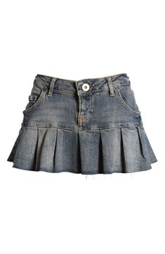 Draw inspiration from the micromini silhouettes of Y2K in this flirty denim skirt meant to be worn low on the waist and finished with a pleated raw-edge hem. 10" center front length; 12" back length (size Large) Exclusive retailer Zip fly with button closure 65% cotton, 35 linen Machine wash, line dry Made in Turkey Denim Skirt Rhinestones, Cute Pleated Skirts, Bedazzled Jean Skirt, Denim Miniskirt Outfits Y2k, Winter Skirt Fits, Vintage Pieces Clothes, Denim Micro Skirt, Cute Jean Skirts, Maxi Skirt Png