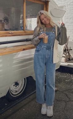 Mamma Mia Outfits Fall, Long Overalls Outfit Fall, Cute Winter Overall Outfits, Fall Outfit Inspo Comfy, Womens Fall Overall Outfits, County Fair Outfit Ideas Fall, Long Sleeve And Overalls Outfit, Mid Twenties Outfits Women Casual, Site Seeing Outfit Fall