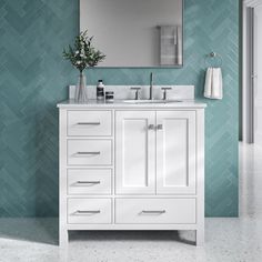 a bathroom vanity with two sinks and a mirror