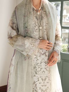 Elegant Semi-stitched Lawn Suit With Printed Motifs, Elegant Unstitched Suit For Formal Spring Occasions, Elegant Spring Unstitched Formal Suit, Formal Green Digital Print Set, Elegant Spring Formal Unstitched Suit, Formal Green Sets With Digital Print, Elegant Spring Wedding Unstitched Suit, Elegant Unstitched Suit With Digital Print For Eid, Elegant Unstitched Suit With Sheer Dupatta For Spring