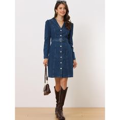 This women's denim shirt dress features a lapel-collared design that exudes classic elegance. The belt accent and pockets add a touch of modernity to this versatile piece. Made of denim materials, this dress is built to last. It's comfortable to wear and is designed to keep you looking stylish all day long. Whether you're running errands or attending a casual event, this dress will keep you looking chic and put-together. Dress it up with heels or keep it casual with sneakers - the possibilities Fall Collared Blue Denim Dress, Winter Collared Fitted Shirt Dress, Fitted Collared Shirt Dress For Winter, Fitted Button-up Denim Dress For Work, Button-up Denim Dress For Workwear, Elegant Denim Dress With Button Closure For Fall, Winter Denim Dress For Work, Collared Medium Wash Shirt Dress For Work, Collared Denim Blue Shirt Dress For Work