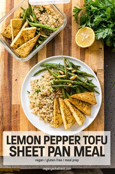 lemon pepper tofu sheet pan meal on a plate with rice and green beans, garnished with parsley