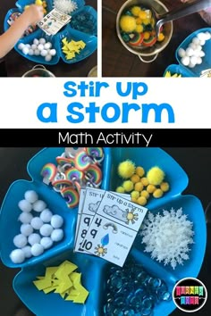 a blue tray filled with lots of different types of materials and text reading stir up a storm math activity