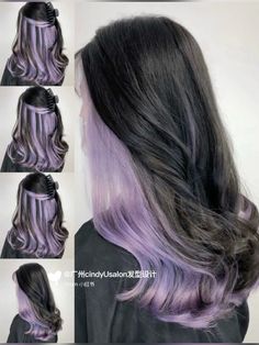 Black And Pastel Purple Hair, Black Hair Dyed Tips, Black Hair With Lavender Highlights, Lilac And Black Hair, Brown Hair With Purple Underneath, Purple And Silver Hair, Purple Hair Extensions, Under Hair Color, Purple Hair Highlights