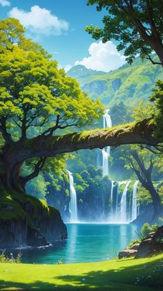 a painting of a waterfall in the middle of a forest with green grass and trees