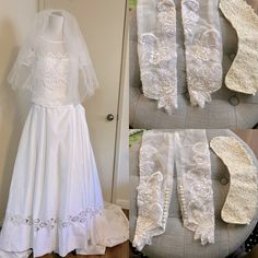 wedding gowns and accessories displayed on display in front of the door, along with other items