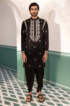 Shreyansh Designs | Black Shehanshah Kurta And Pants | INDIASPOPUP.COM Hole Embroidery, Embroidery Geometric, Kurta And Pants, Black Kurta, Kurta Men, Dhoti Pants, Heavy Work, Pattern Embroidery, Kurta With Pants