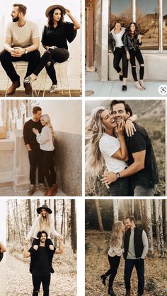 a collage of photos with people in black and white outfits, one man is holding a woman's head