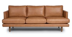 a tan leather couch with wooden legs on a white background and no people around it