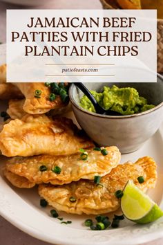 jamaican beef patties with fried plantain chips and guacamole on the side