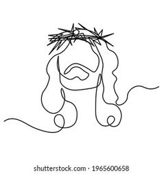 the face of jesus with a crown of grass on his head, in continuous line