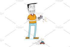 a cartoon man holding a cell phone