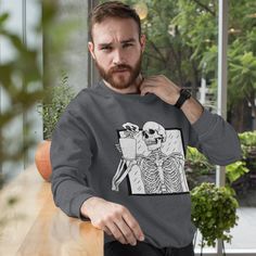 Halloween Coffee Skeleton Unisex Sweatshirt - Dark Heather / S - Sport Finesse Coffee Skeleton, Halloween Month, Warm Halloween, Skeleton Sweatshirt, Halloween Coffee, Fitted Sweater, Knit Collar, Air Jet, Unisex Sweatshirt