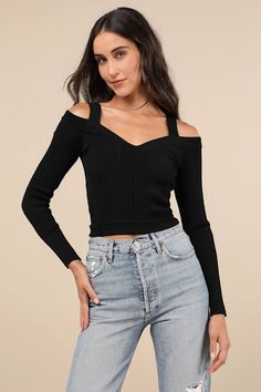 Add a little extra flirt factor to your OOTD with the ASTR the Label Pacy Black Ribbed Cold-Shoulder Cropped Sweater Top! Stretchy ribbed knit shapes this elevated sweater top with a flattering V-neckline and long sleeves with trendy, cold-shoulder cutouts. The figure-hugging bodice features unique ribbing accents as it continues to a banded, slightly cropped hem. Fit: This garment fits true to size. Length: Size medium measures 18" from shoulder to hem. Bust: Great for any cup size. Waist: Fitt Medieval Things, Adhesive Bra, Astr The Label, Strapless Bra, Cup Size, Black Rib, Cropped Sweater, Custom Fit, The Label