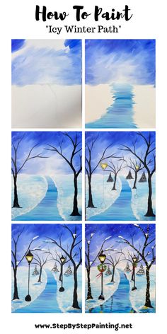 how to paint winter trees with watercolors on the bottom and bottom, in different stages