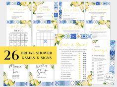 the bridal shower games and signs are shown in blue, yellow and white flowers