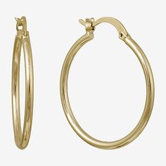 Simple and sleek best describe these Silver Reflections 24K gold over brass bass hoop earrings. These hoop earrings are crafted in 24K gold over brass, 28.5mm in length and have a hinged closure. With the simple and sleek design, these hoop earrings can be worn with any wardrobe choice. Wipe hoop earrings clean with a soft cloth.Included: 1 Pair of EarringsFeatures: Nickel Free, In A Gift BoxEarring Back: HingedMetal Color: Gold ToneEarring Length: 28.5mmEarring Width: 2mmCare: Wipe CleanEarring Tarnish Resistant Brass Hoop Earrings, Silver Tarnish Resistant Hoop Earrings In Brass, Elegant Nickel-free Brass Hoop Earrings, Yellow Gold Tarnish-resistant Brass Hoop Earrings, Nickel-free Gold Alloy Hoop Earrings, Brass Hoop Earrings, Brass Hoops, Earrings Hoop, Sleek Design