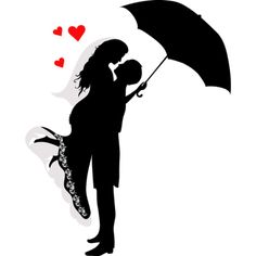 a silhouette of a man and woman holding an umbrella with hearts flying out of it