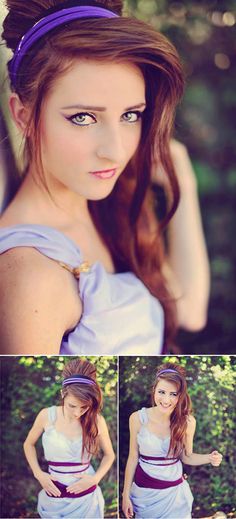 a woman with long hair and blue eyes wearing a purple dress is posing for the camera