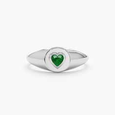 White Gold Emerald Heart Ring Heart Signet Ring, Gold Signet Ring, Home Is Where, Pinky Ring, Color Ring, Natural Emerald, Gold Set, Heart Of Gold, Signet Ring