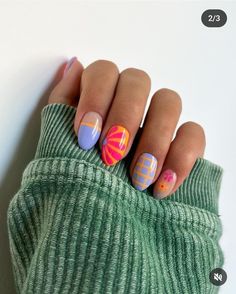 Short Nail Manicure, Orange Nails, Purple Nails