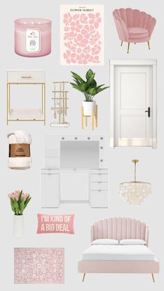 pink and gold bedroom mood board with furniture, flowers, candles, rugs, wallpaper