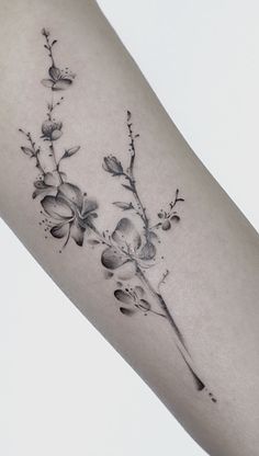 a black and white photo of a branch with flowers on it's left arm