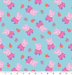 peppa pig pattern on blue background with pink and purple pigs in different outfits,