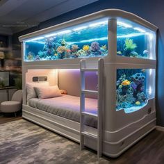 a room with a bed and an aquarium on the wall