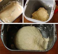 three pictures showing the process of making bread dough in a pan and then being mixed with flour